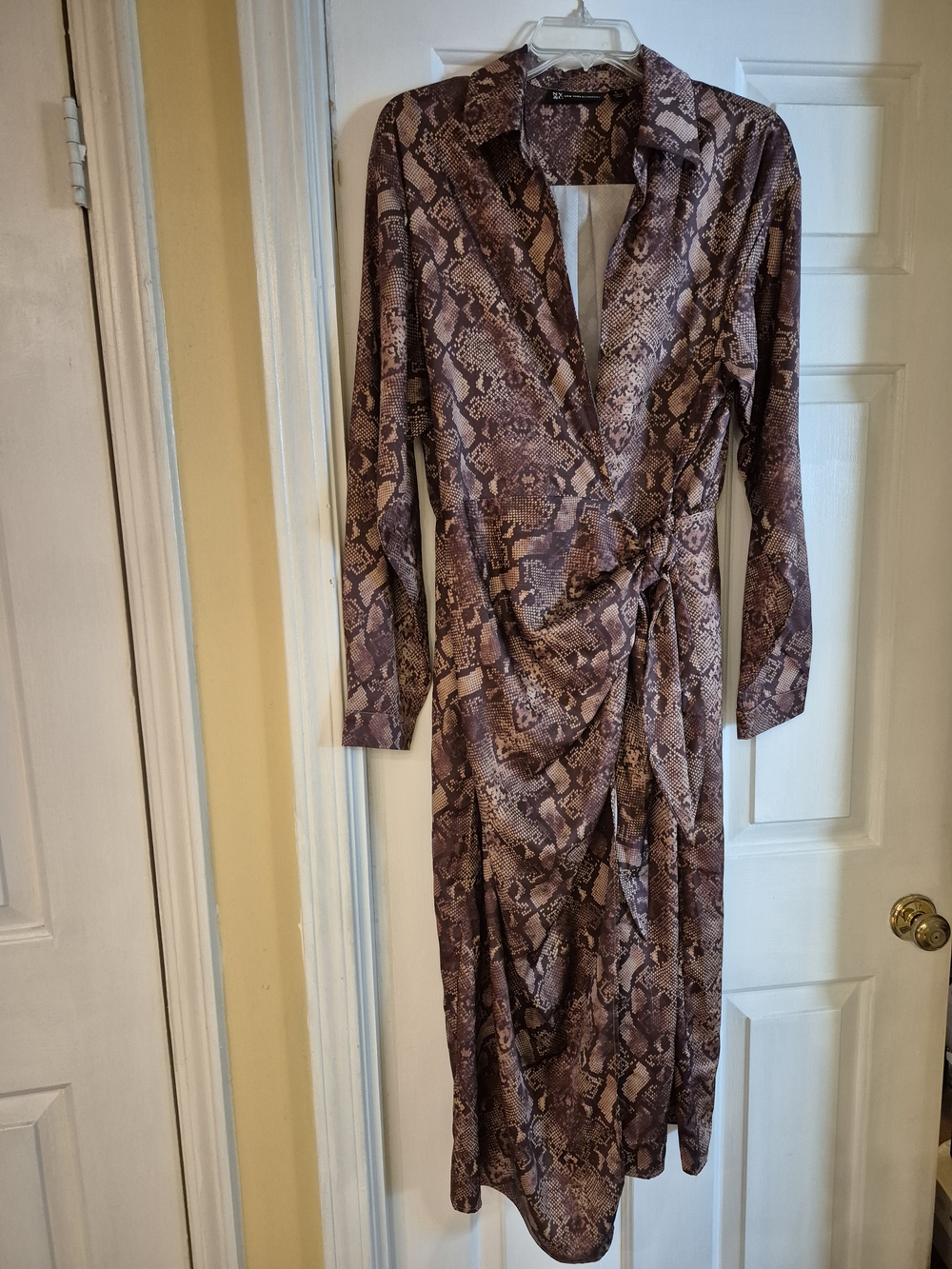 New York & Company Long Sleeve Snake-Print Wrap Midi Dress in Brown